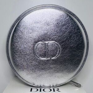 NWT Dior Metallic Silver Circular Zip Pouch Cosmetic Bag